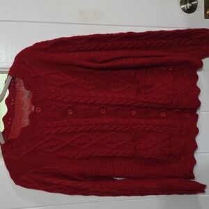 Red Cardigan Sweater Women's Cable Knit Scalloped Button Up Pockets Sz L EUC